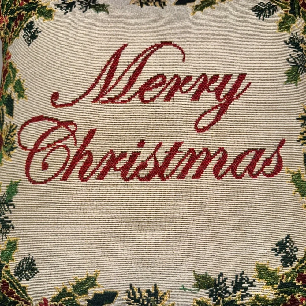 Park B. Smith Merry Christmas Tapestry Throw Pillow Holly Green Red 18x18 Woven